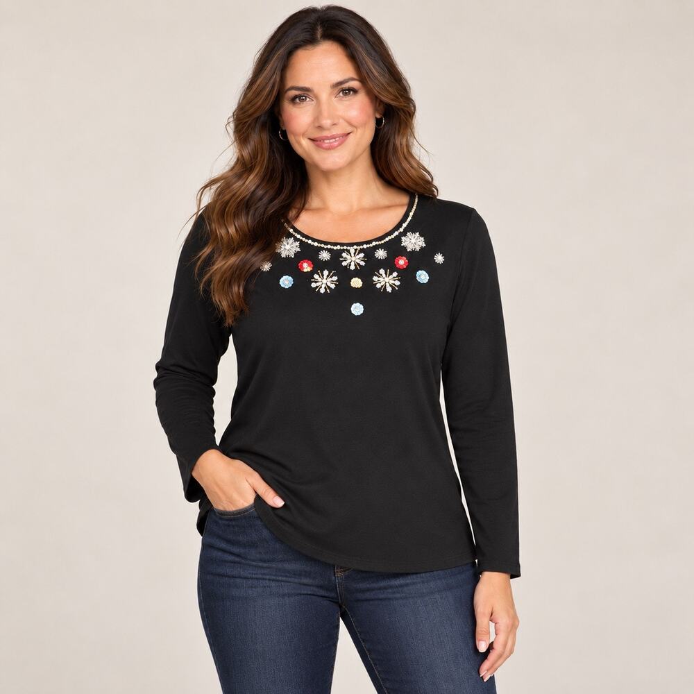 Chico’s Size 3 XL Black Embellished Beaded Rhinestone Long Sleeve Top